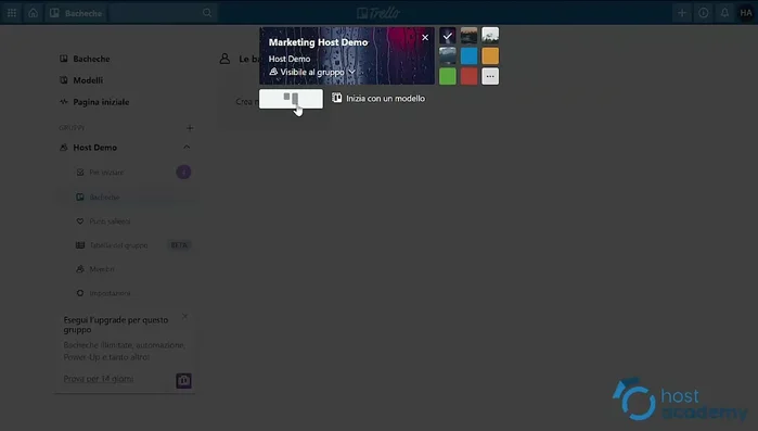 Organizzazione della bacheca tramite liste e schede per definire le attività.