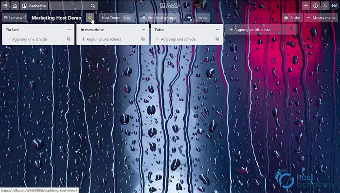 Gestione degli elementi della bacheca: modifica nome, aggiunta ai preferiti, collegamento a gruppi, gestione della visibilità, invito di altri utenti, aggiunta di una descrizione.