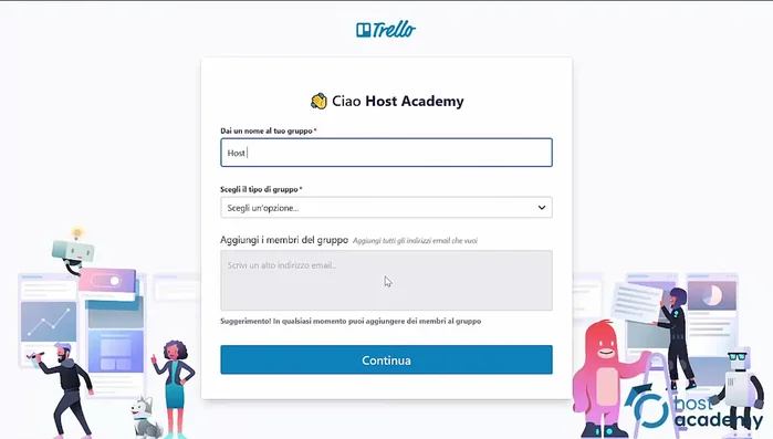 Creazione di un team di lavoro su Trello. Inserire nome, ambito di attività e aggiungere i membri tramite indirizzo email.