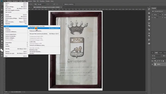 Esportare l'immagine corretta (File > Esporta > Esporta come > PNG o JPEG).