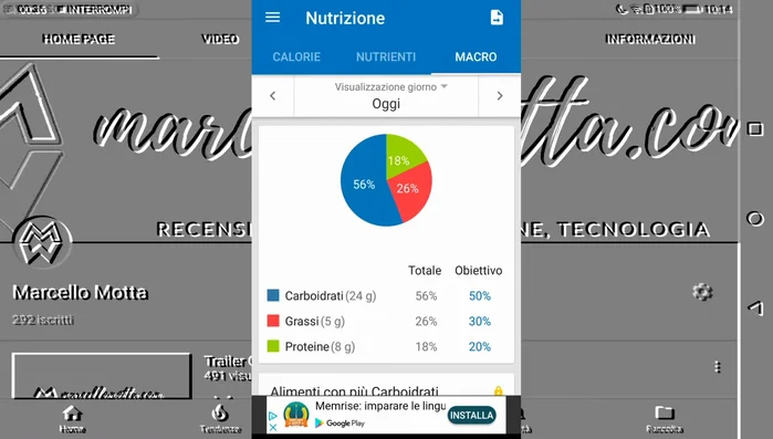 Monitoraggio dei macronutrienti (proteine, carboidrati, grassi) e visualizzazione in percentuali.