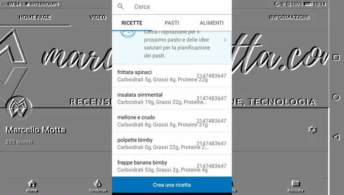 Creazione di ricette personalizzate e salvataggio nel diario alimentare.