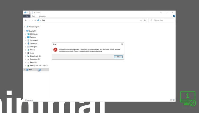 Aprire Esplora file e andare su "Rete". Se appare un messaggio, cliccare "OK" e poi su "Attiva individuazione rete e condivisione file".
