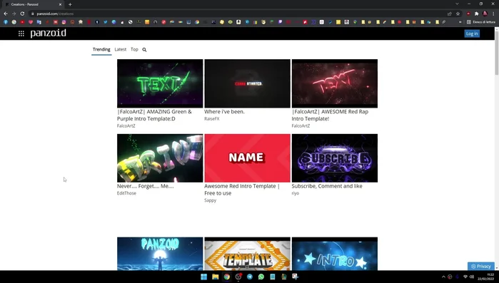 Scegli una intro dalla categoria 'Trending' o quella che preferisci tra le categorie disponibili: Trending (intro più popolari del momento), Ultime (intro appena caricate), Top (intro migliori di sempre) (0:45).