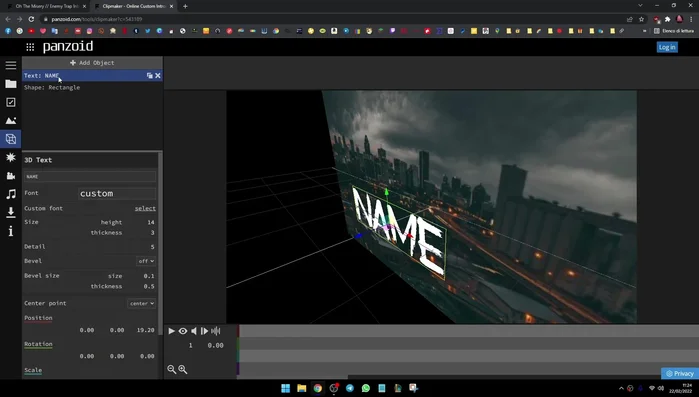 Aspetta il caricamento, clicca sul cubo, poi su 'Text', cancella il nome preimpostato e inserisci il nome del tuo canale (1:13).