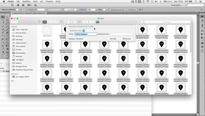Rinomina i file (opzionale): su Mac, seleziona tutti i file, clicca tasto destro, seleziona "Rinomina elementi", usa la funzione di sostituzione del testo per rimuovere la parte "tavola da disegno" dal nome del file.