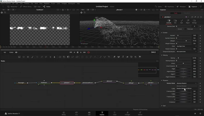 Utilizzare la rotazione relativa al movimento ("Rotation Relative to Motion") per far sì che le particelle seguano la direzione del lancio.