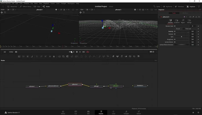 Regolare i parametri del nodo "P.Bounce" (elasticità, spin, roughness) per personalizzare il comportamento delle particelle al rimbalzo.