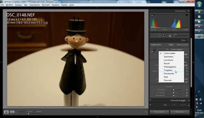 Selezionare il preset "Tungsteno" per illuminazione a incandescenza.
