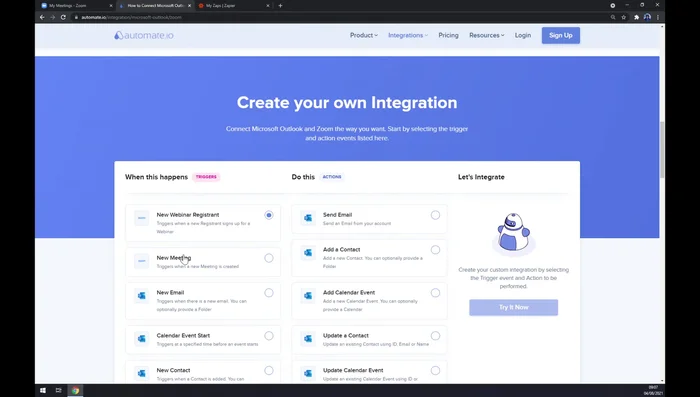Scegli il trigger Zoom (es. nuova riunione) e l'azione Outlook desiderata.