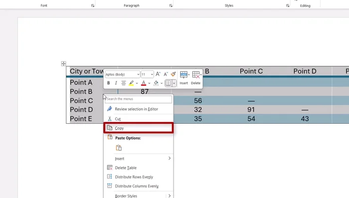 Copia la tabella (Ctrl+C o menu contestuale).