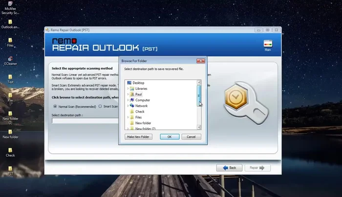 Selezionare la cartella di destinazione per salvare il file PST riparato.