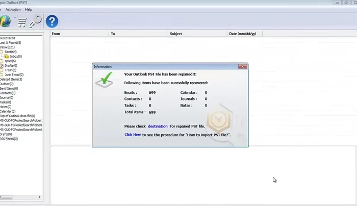 Una volta completato, il software mostrerà gli elementi recuperati. Si può accedere alla cartella del file PST riparato.