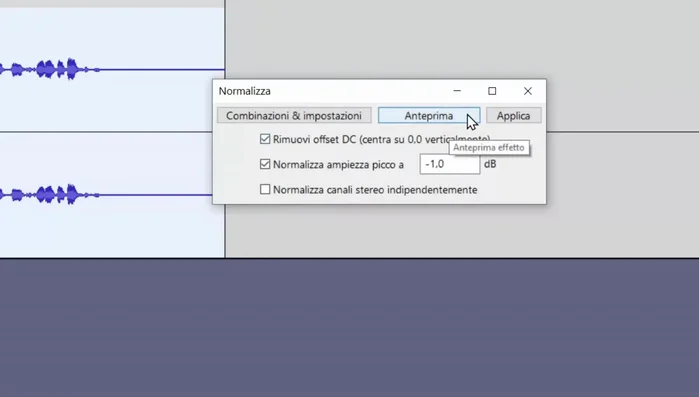 Utilizzare il pulsante 'Anteprima' per ascoltare l'audio normalizzato prima di applicare le modifiche.