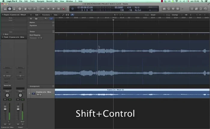 Se necessario, tenere premuto 'Shift' + 'Control' per posizionare il paletto con maggiore precisione, anche tra i transienti individuati da Logic.