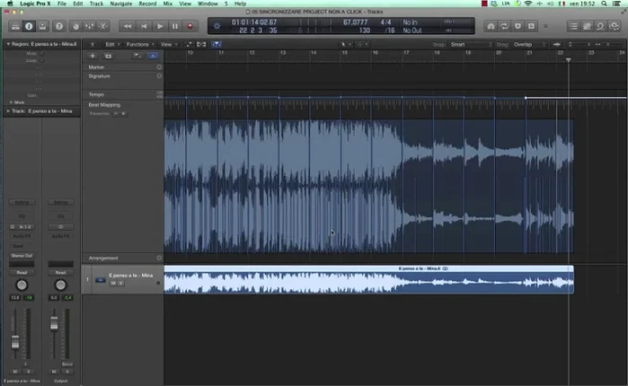 Raffinare la sincronizzazione aggiungendo paletti in corrispondenza di sottodivisioni ritmiche (es. quarti, ottavi) per una maggiore precisione. Per una maggiore precisione durante lo spostamento dei paletti, tenere premuto 'Shift' + 'Control'.