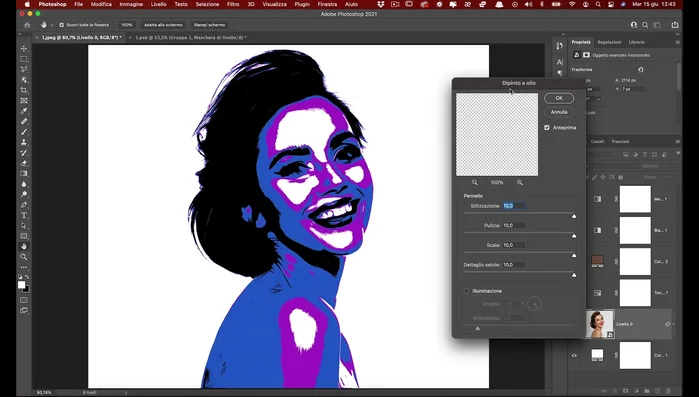 Duplicare il livello e riapplicare il filtro "Dipinto olio" con valori più alti (Stilizzazione: 10, Pulizia: 10) per ammorbidire i contorni.