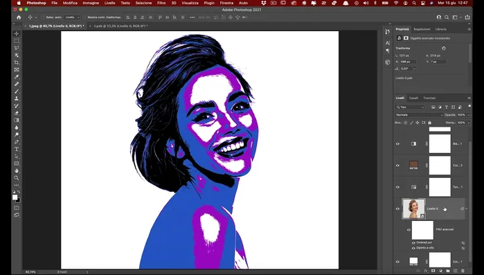Duplicare il livello e riapplicare il filtro "Dipinto olio" con valori più alti (Stilizzazione: 10, Pulizia: 10) per ammorbidire i contorni.