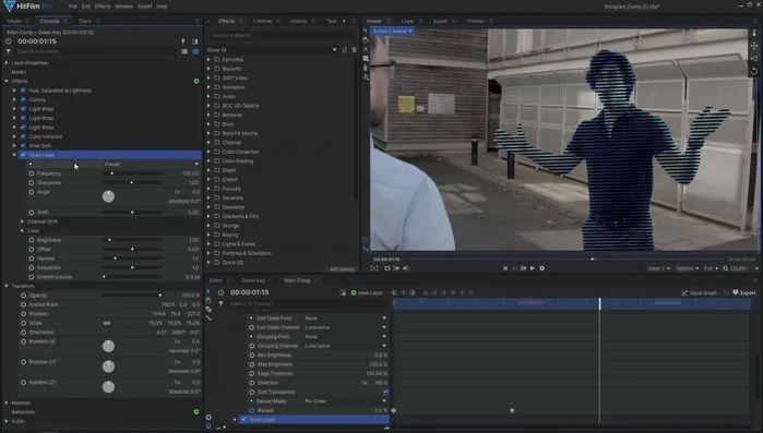 Aggiungere effetti glitch (es. Effetti grunge di HitFilm come 'Linee di scansione', 'Spostamento di blocco', 'Matrice di punti', 'Danni alla TV') per un aspetto più realistico.