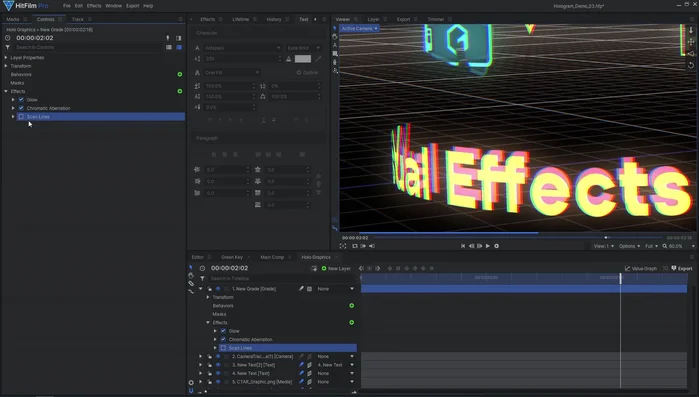 Combinare tutti i livelli in una composizione e applicare effetti finali come linee di scansione luminose, aberrazione cromatica, sfocatura dell'angolo, e effetti di diffusione.