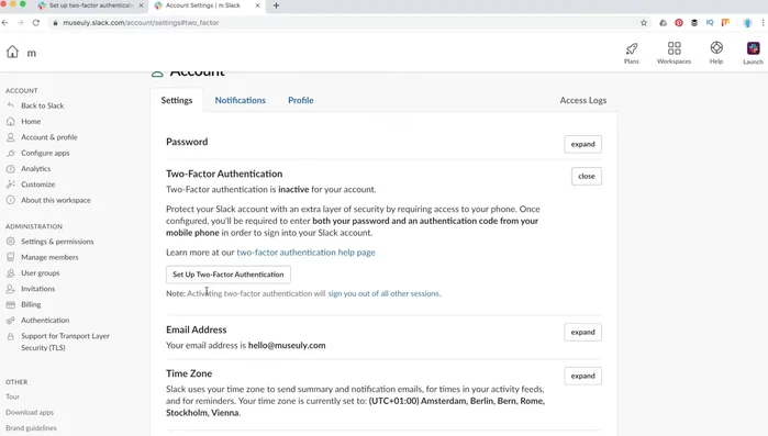 Seleziona "Configura" per l'autenticazione a due fattori.