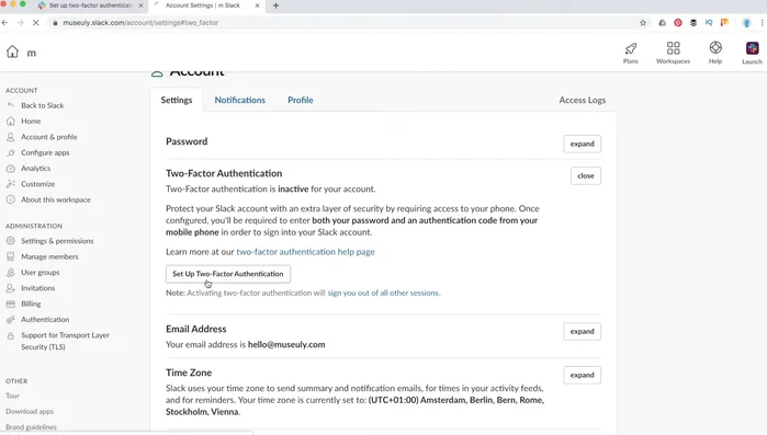 Seleziona "Configura" per l'autenticazione a due fattori.