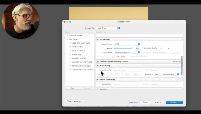 Scegli una cartella di destinazione (es. sul desktop) e salva le impostazioni come preimpostazione utente ('Insta Salva Nuovo').