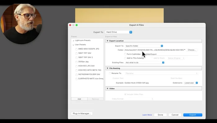 Scegli una cartella di destinazione (es. sul desktop) e salva le impostazioni come preimpostazione utente ('Insta Salva Nuovo').