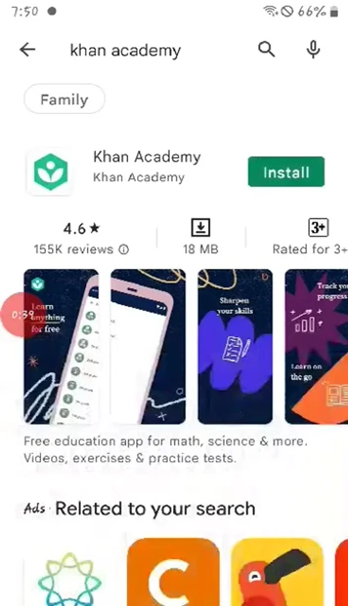 Seleziona l'app Khan Academy dai risultati.