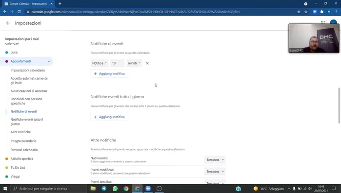 Nella sezione "Notifiche di eventi", scegli il tempo di anticipo per le notifiche (es. 30 minuti, 1 ora, 1 giorno) e il metodo di notifica (notifica sul calendario, email).