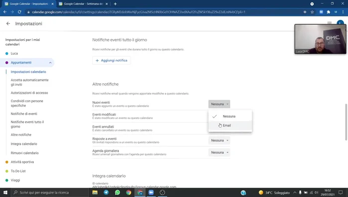 Personalizza le "Altre notifiche" per ricevere email quando vengono aggiunti, modificati, annullati o ricevono risposte nuovi eventi.