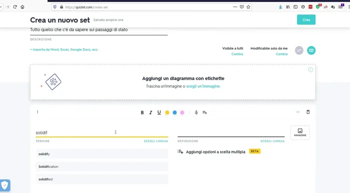 Aggiungi un'immagine (facoltativa) cercandola tramite Google direttamente da Quizlet.