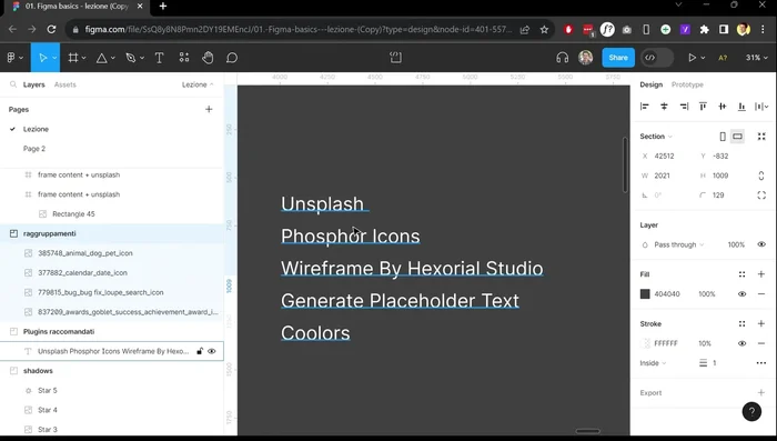 Utilizzo dei Plugin: Unsplash, Iconify, Wireframes,Lorem Ipsum, Colors