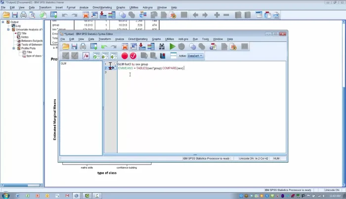 Inserire la sintassi in SPSS (esempio fornito nel video): `GLM ... /EMMEANS=TABLES(sesse*gruppo) COMPARE(sesse)`. Sostituire `sesse` e `gruppo` con i nomi delle proprie variabili indipendenti.