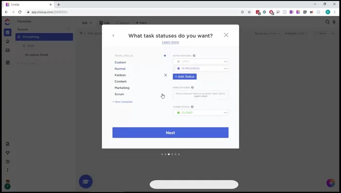 Selezione del tipo di progetto (normale, marketing, ecc.).