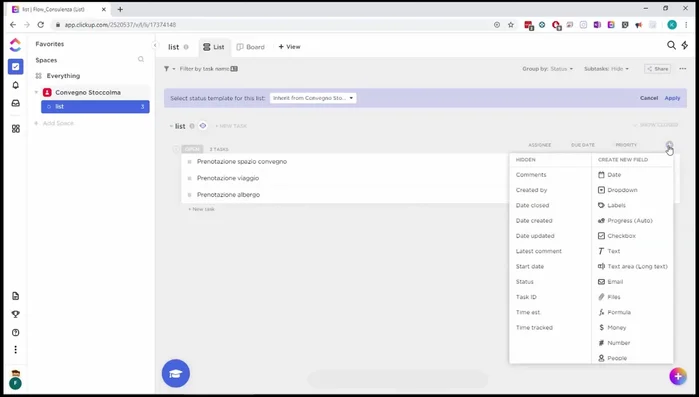 Aggiunta di colonne personalizzate (es: reparto, etichette, checkbox, tempo stimato, tempo tracciato).
