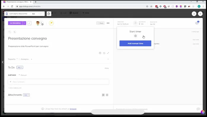 Utilizzo del timer o inserimento manuale del tempo speso per ogni attività.