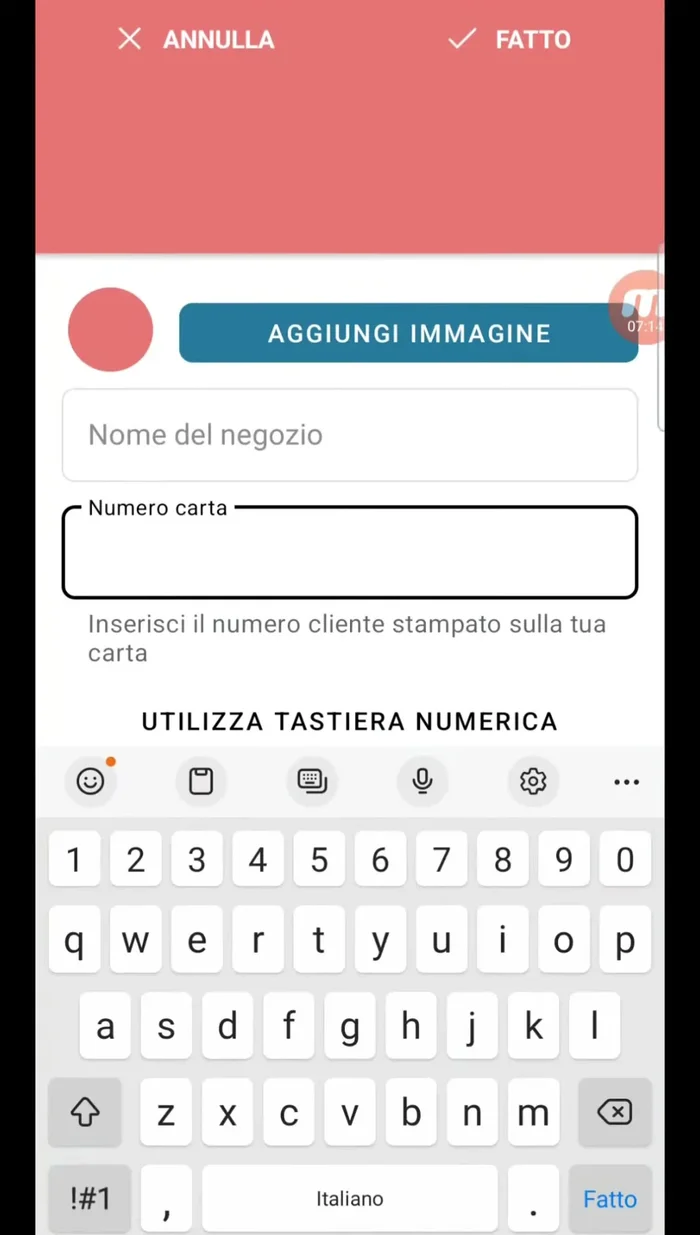 Inserire manualmente il nome del negozio, il numero della carta e il codice a barre se la scansione non è possibile.