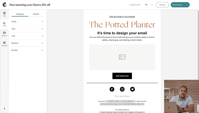 Personalizzare gli stili: Utilizzare la scheda 'Stili' per definire le opzioni predefinite per lo stile dell'email (desktop e mobile). Modificare caratteri, colori, e altri elementi di stile.