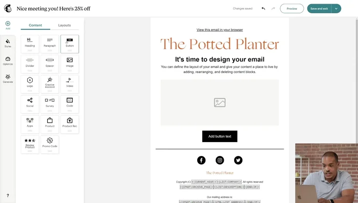 Aggiungere blocchi di contenuto: Utilizzare il drag-and-drop per aggiungere blocchi di contenuto (immagini, pulsanti, prodotti e-commerce, etc.) al template. Personalizzare lo stile di ciascun blocco individualmente.