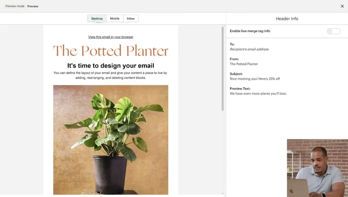 Anteprima dell'email: Utilizzare l'anteprima per verificare l'aspetto dell'email su diversi dispositivi e client di posta elettronica (desktop, mobile, Gmail, Outlook, etc.).