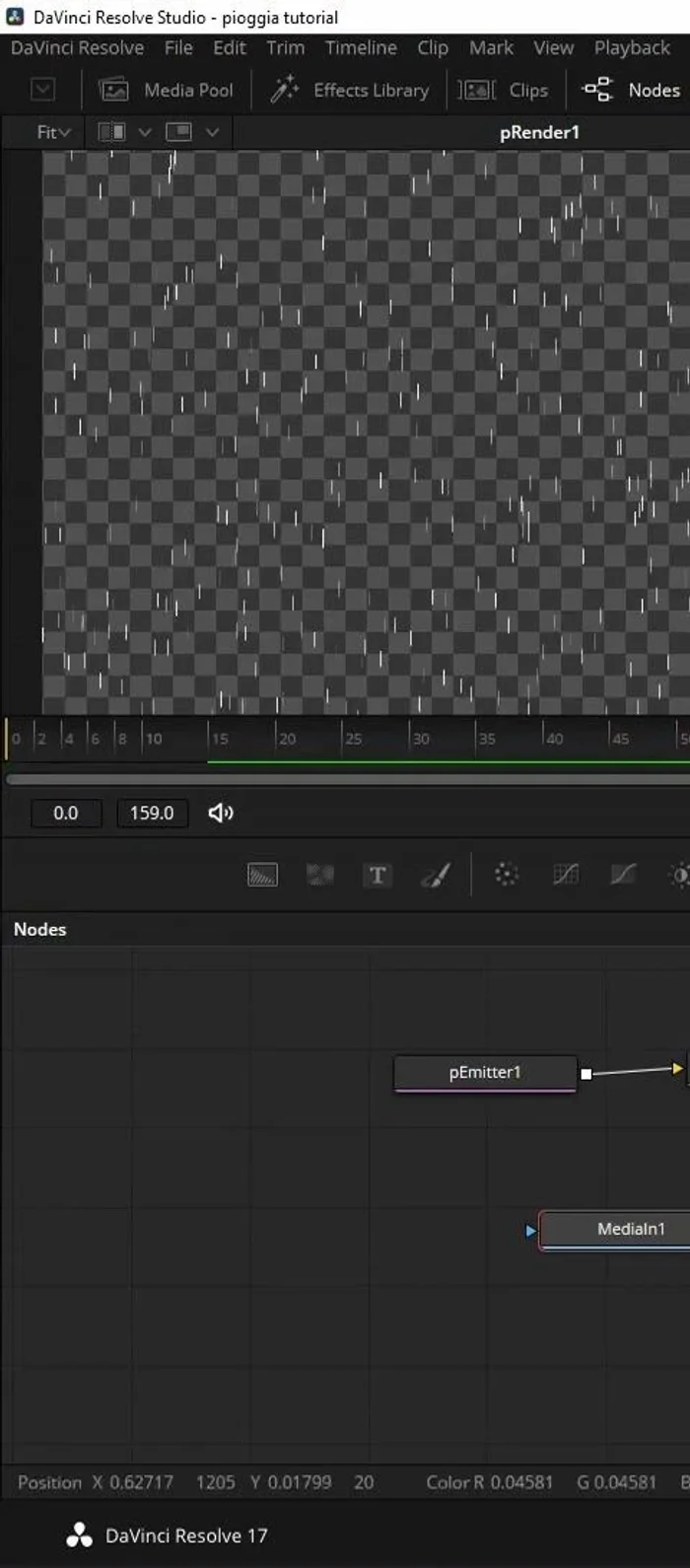 Aggiungere un nodo 'Merge' per combinare l'effetto pioggia con il filmato originale, sperimentando con diverse modalità di fusione ('Overlay', 'Lighten', ecc.) per ottenere il risultato migliore.
