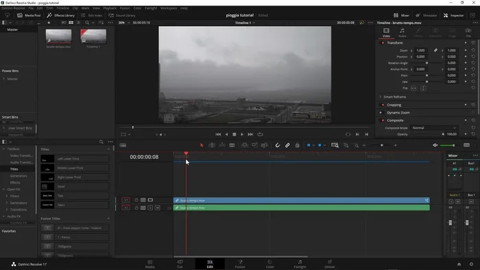 Importare il filmato senza pioggia in DaVinci Resolve.