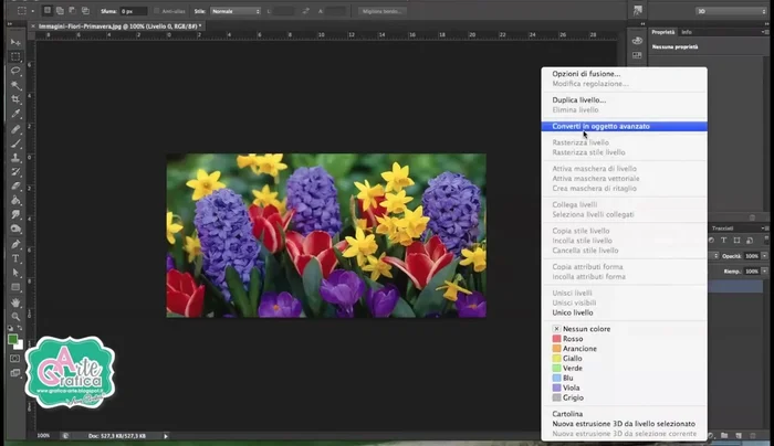 Sbloccare il livello sfondo: tasto destro > Converti in oggetto avanzato.