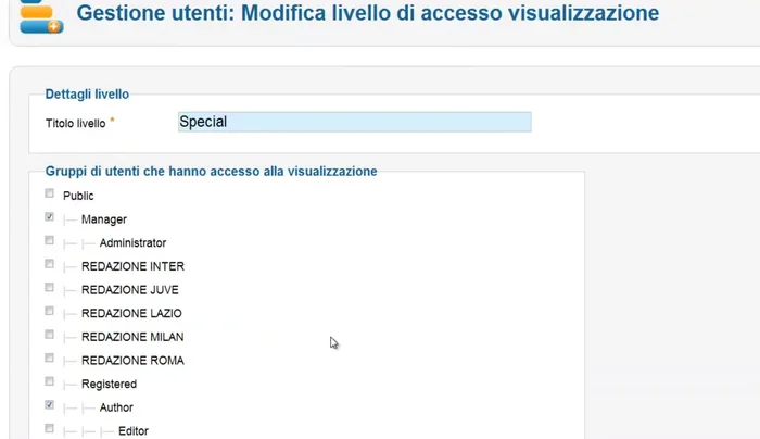 Assegnazione del livello di accesso 'Speciale' a ciascun gruppo redazione.