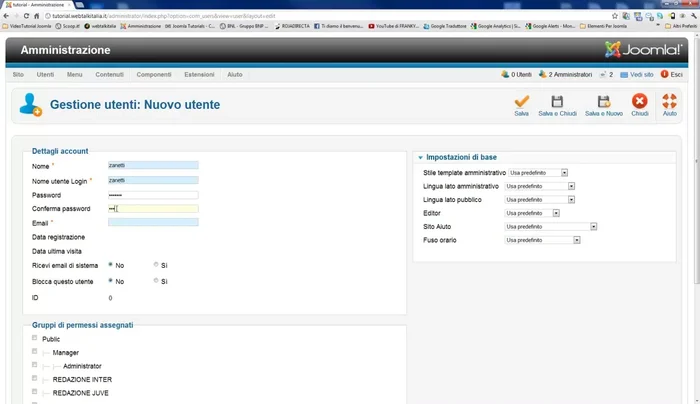 Creazione degli utenti e assegnazione di ciascun utente al rispettivo gruppo redazione.