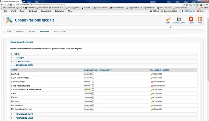 Assegnazione dei permessi specifici al gruppo redazione per la gestione degli articoli, categorie e altre funzionalità necessarie (escludendo le altre).