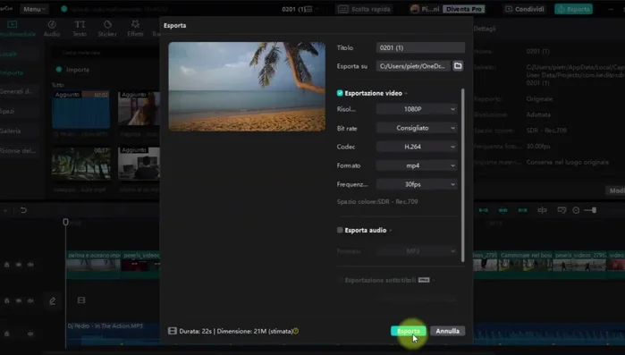 Esportare il progetto premendo sul tasto "Esporta" in alto a destra.
