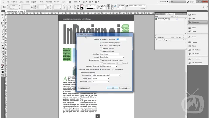 Configura le impostazioni del PDF interattivo (collegamenti ipertestuali, segnalibri, video, audio, ecc.).