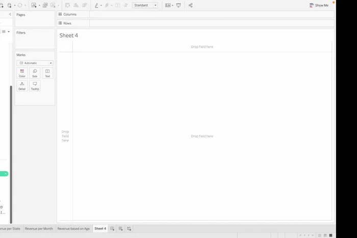Creazione del quarto grafico (Correlazione tra Sconto e Quantità): Trascinare 'Percentuale di Sconto' e 'Quantità Ordinata' sulle colonne e righe rispettivamente. Modificare il tipo di dati in 'Dimensioni' per entrambe le colonne e applicare un filtro per escludere sconti pari a zero.